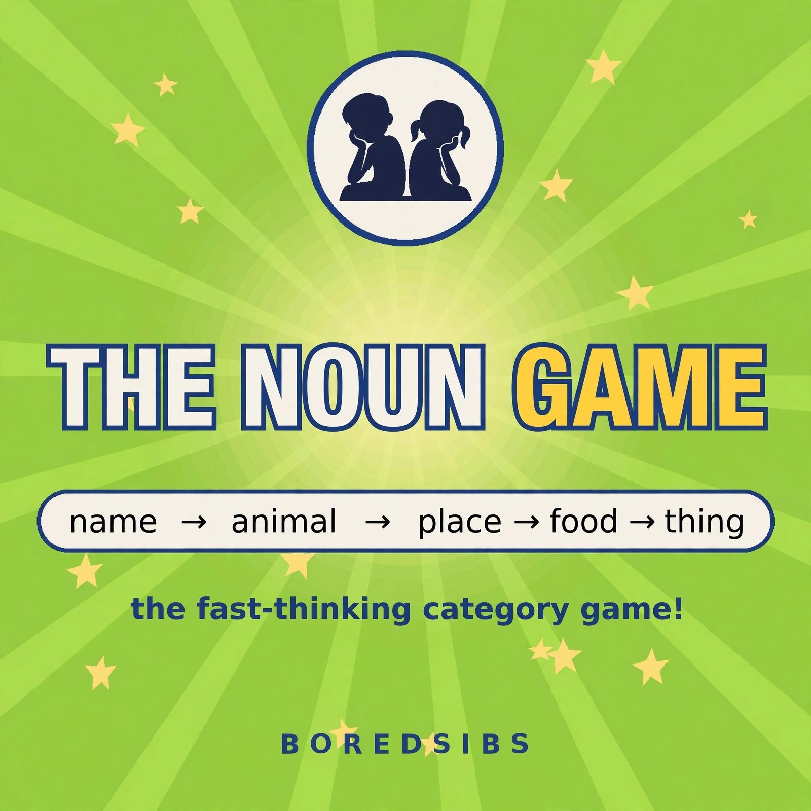 The Noun Game sticker: name, animal, place, food, thing